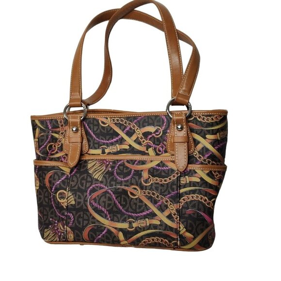 Giani Bernini Purse Handbag Shoulder Bag Faux Leather Brown Tassel/Belt Print - Picture 3 of 12